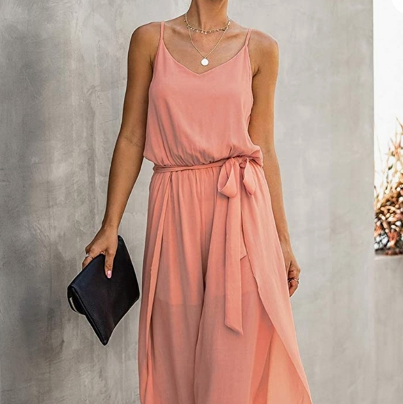 ⭐ HP ⭐ Blush Pink Split Wide Leg Spaghetti Strap Chiffon Cute Trendy Jumpsuit - Picture 2 of 10